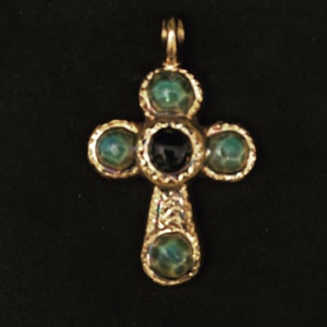 Cross Marc Roussel Vintage turquoise cabochons Ceramic Christian French Vallauris glazed ceramic Jeweled  Golden maximalist decor Byzantine