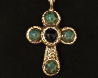 Pendentif Vintage Croix En Céramique - Jolie Pièce Ancienne, Occasion
