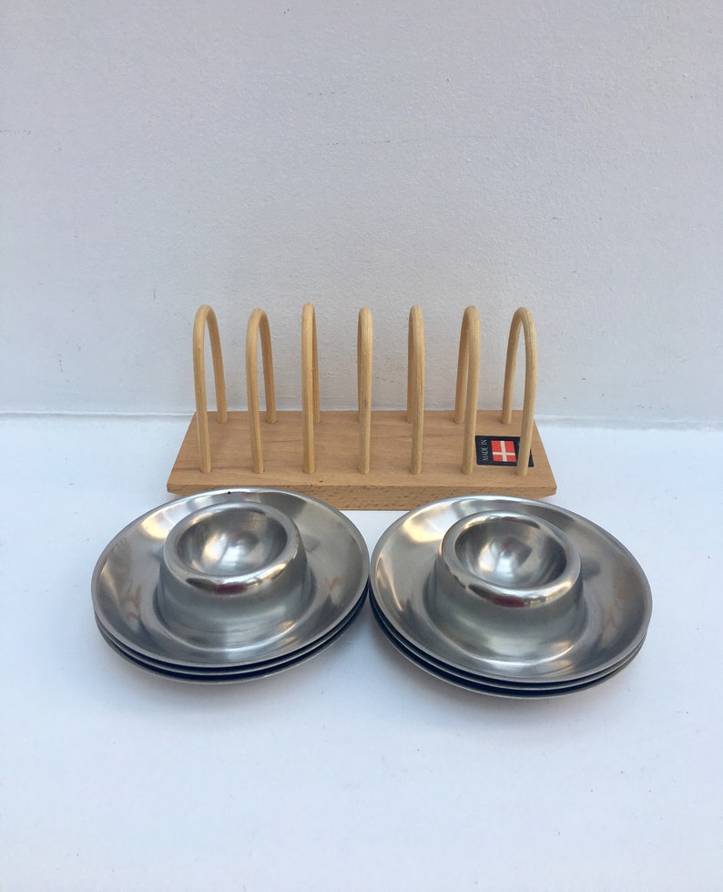 Egg cup set of 6 stainless steel 60s wooden Toast holder made in Denmark , breakfast set, vintage egg holder kitchen tools wood toast holder image 7