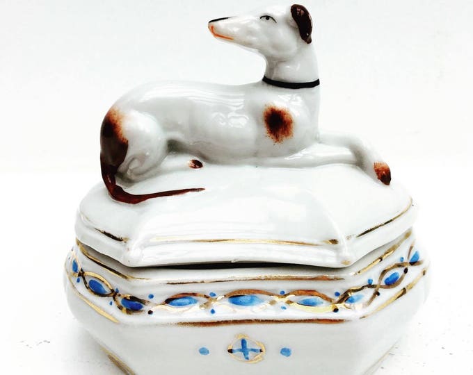 Porcelain Box With Dog on Top. Antique German Porcelain Box With a