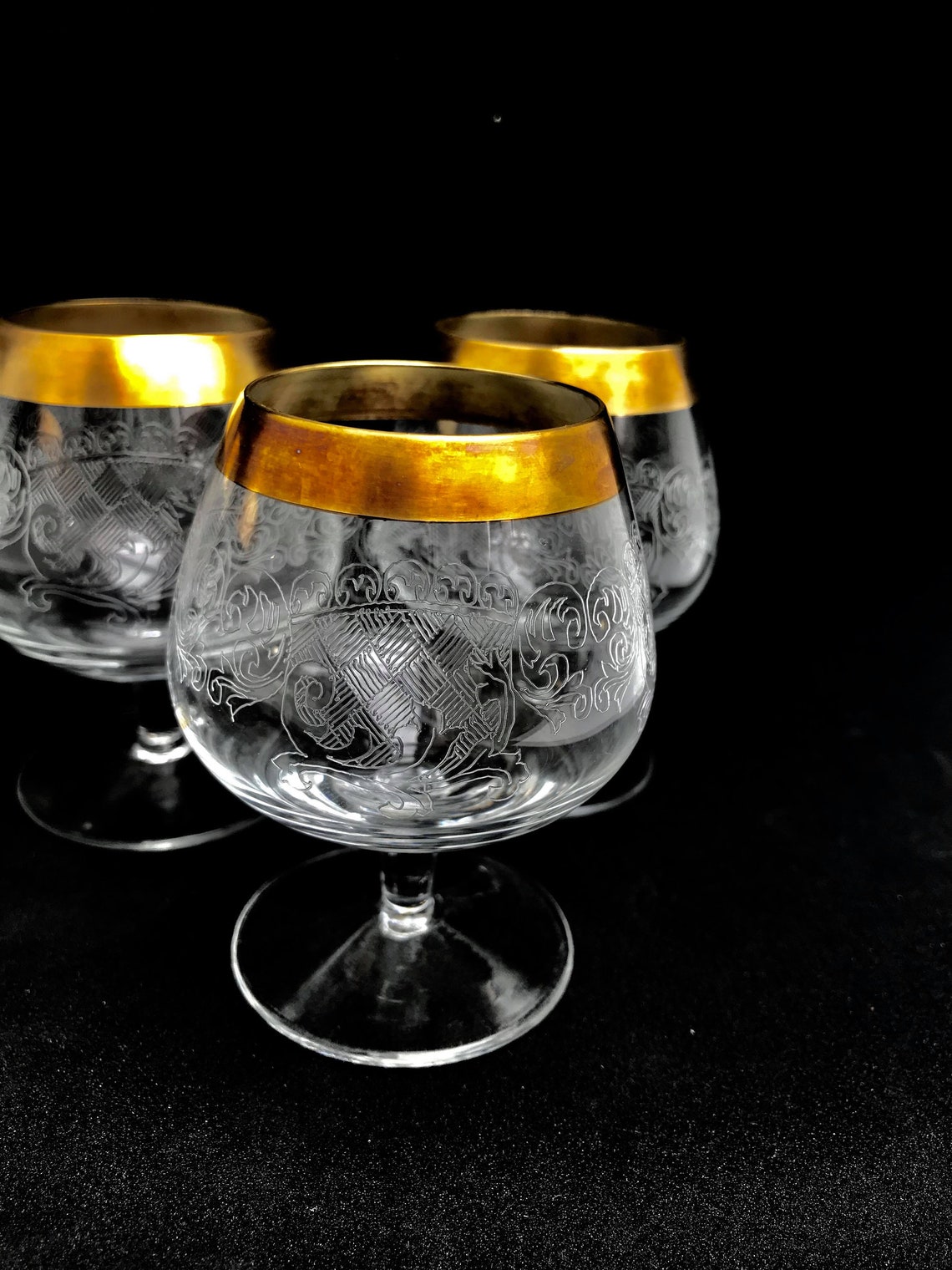 Brandy cognac glasses vintage set 5 golden rim etched Mid | Etsy