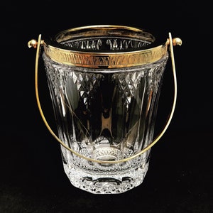 Ice Bucket heavy cut crystal with golden metal handles Mid Century barware  Mixology tools