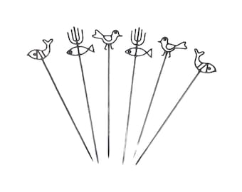 ヴィンテージメタルBBQ串セット：手鍛造グリルアクセサリー、魚と鳥のデザイン