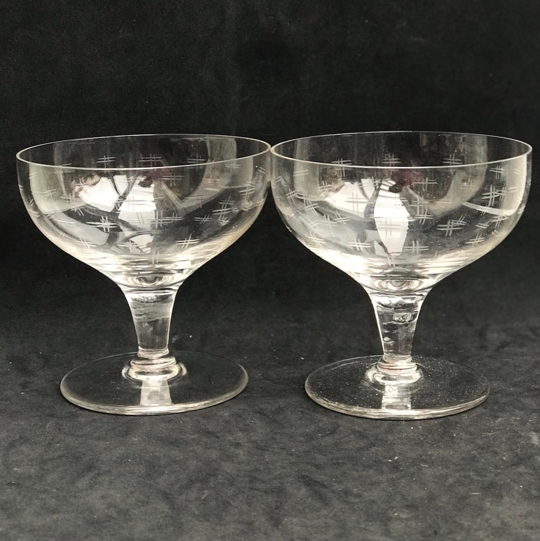 2 Antique Champagne Coupes Glasses Crystal Cut Coupes 1920s French Set 2 Stem Bar Cart Decor