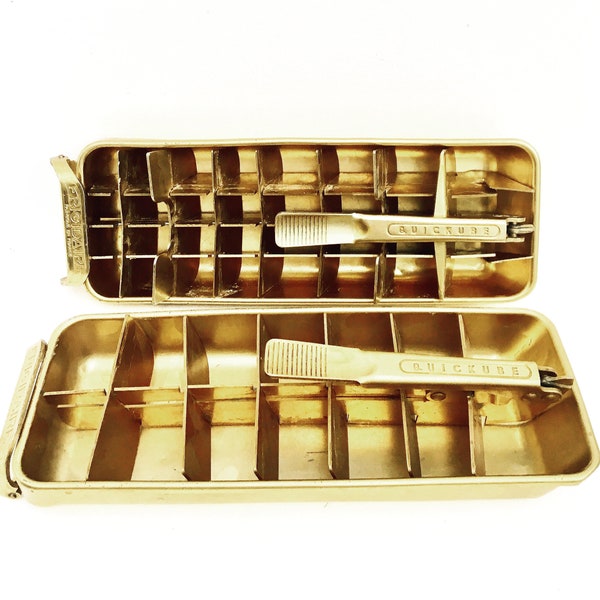 2 Ice cube maker tray Quickcube Gold Aluminum Mid Century 1950s 1960s - Vintage Freezer Accessory Manual Ice Cube Metal Compartment Vintage