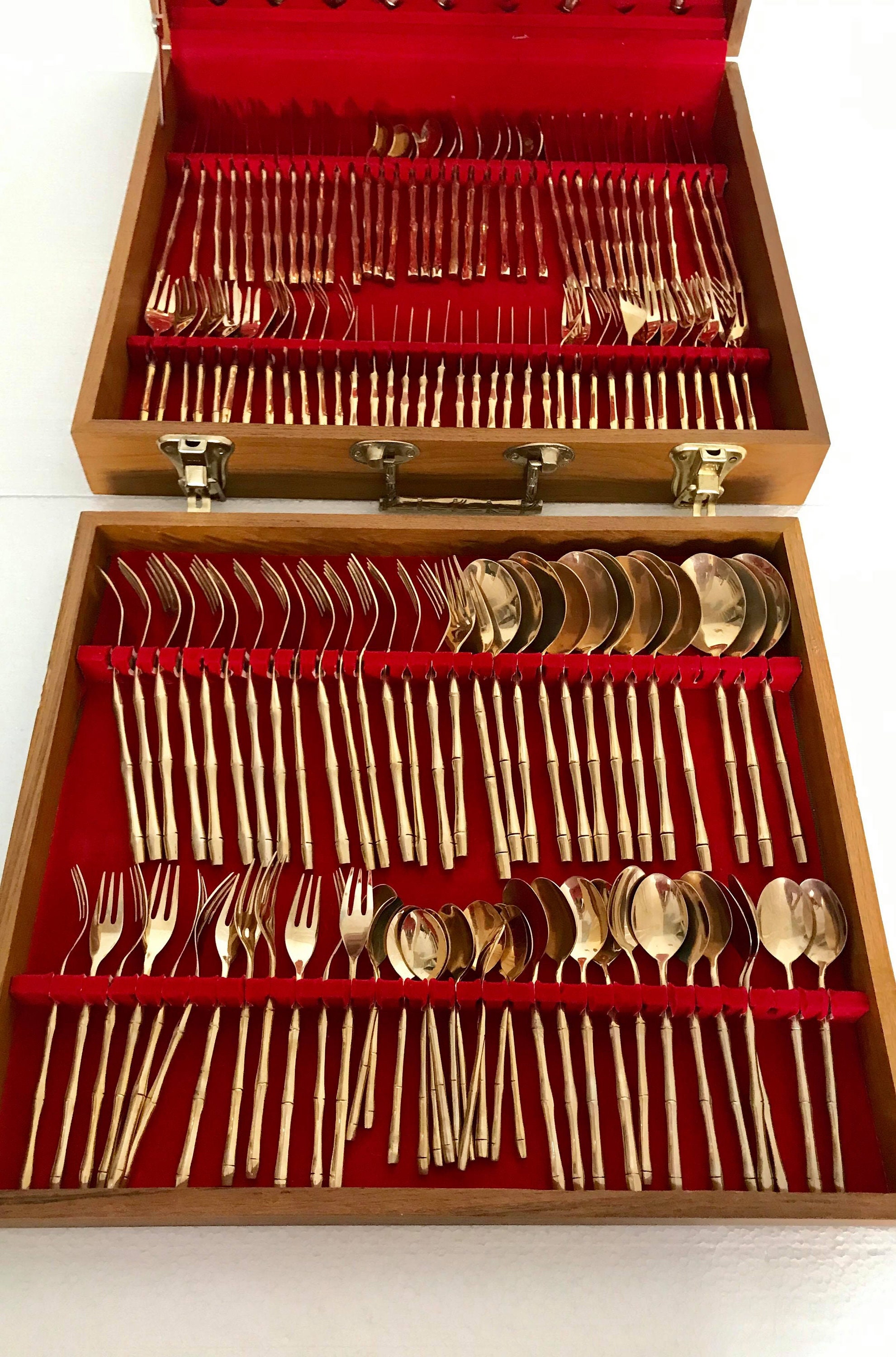 Gold bamboo flatware set 12 people complete 149 cutlery Mid Century