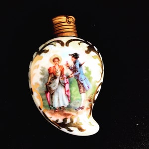 Perfume scent bottle porcelain Miniature Bohemian vintage Courting couple scene heart shaped Collection Chatelain bottle collector gift