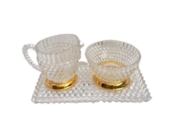 ヴィンテージ鉛クリスタル製クリーマー＆シュガーセット（トレイ付き）：フランス製 1940年代 ダイヤモンドカット