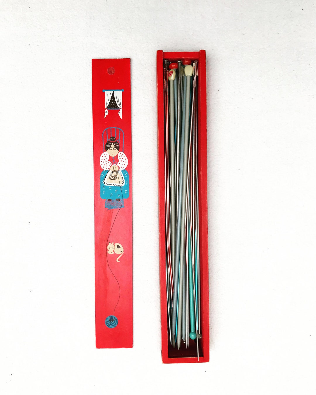 Vintage Knitting Needle Box Red Needles Vintage Wooden Pencil Box Grand Mother Gift Lot Knitting