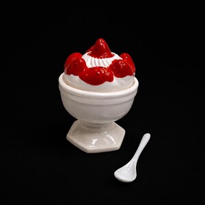 Peut inclure: Un bol sur pied en céramique blanche contenant un dessert sculpté blanc garni d'une sauce fraise rouge et de plusieurs morceaux de fraise rouges, accompagné d'une petite cuillère en céramique blanche. Le bol a un bord large et une base hexagonale.