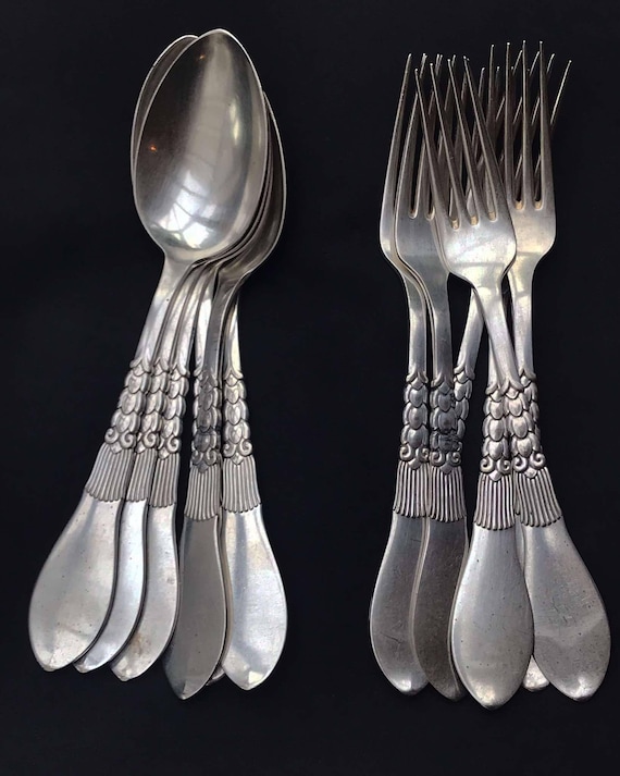 Antique Silver Plated Flatware Set: Carl Cohr Danish Art Nouveau Forks & Spoons