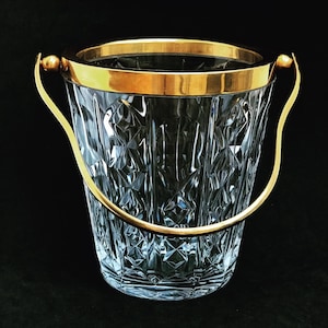 IJsemmer Val Saint Lambert zwaar geslepen kristal met gouden metalen handvatten Mid Century bargerei Mixologie gereedschap barwagen Hollywood Regency