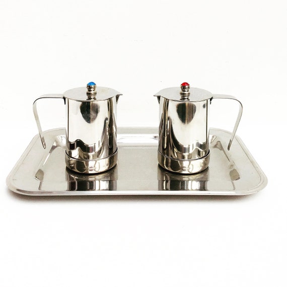Milk Jug Set  Cream Vintage Coffee Set tray Stainless steel breakfast set marked ATM Inox  red and blue cabochons stones on top Moderniste