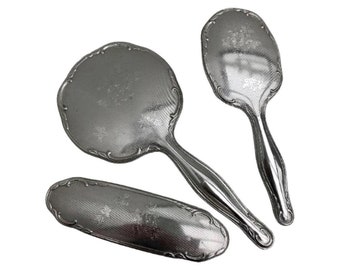 Vintage Vanity Set Dressing table hand mirror Brush silver plated metal Hairbrush clothes brush dresser tray set gift for her