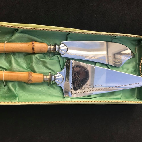 Bamboo flatware Vintage Serving tool set Cake fish Knife Mid century 1960s Bamboo Handle Stainless Flatware Japan shops boho chic bohemian