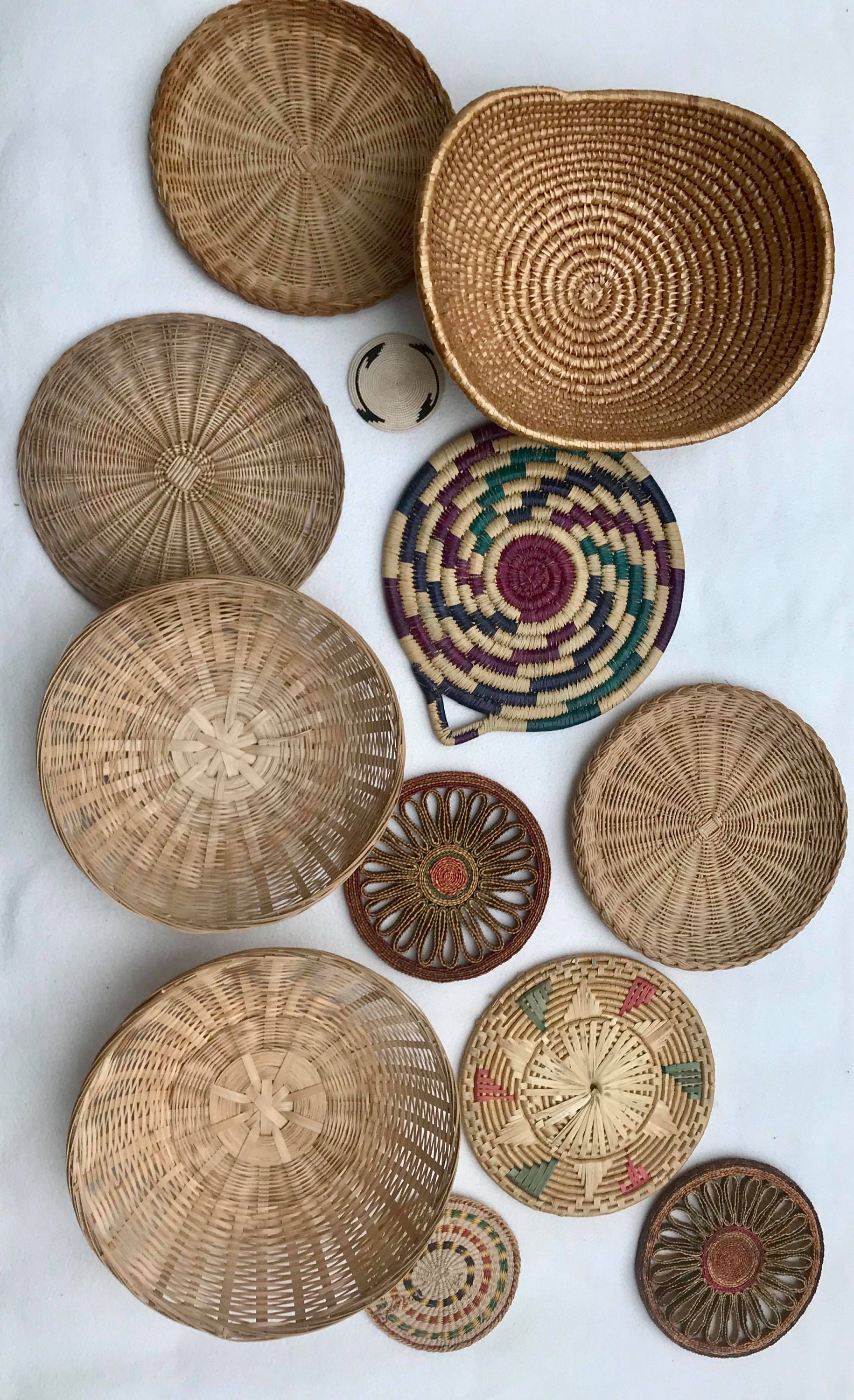 Rattan Woven Basket Boho Set 12 Wicker wall round flat ...