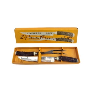 Vintage Elina Fantana vleesmessenset: Sheffield-staal, handvat van imitatiebeen