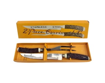 Vintage Elina Fantana Carving Knife Set: Sheffield Steel, Faux Bone Handle