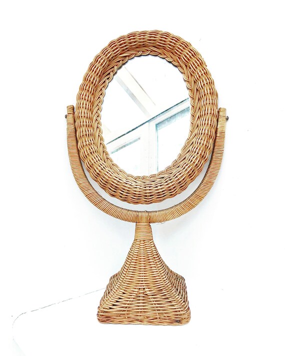 Standing Vanity Table Mirror Rattan Wicker Oval Dresser Woven Vintage French Farm Decor Boho Chic Bohemian Bedroom Beach House