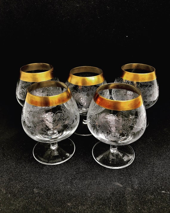 Brandy Cognac Glasses Vintage Set 5 Golden Rim Etched Mid Etsy