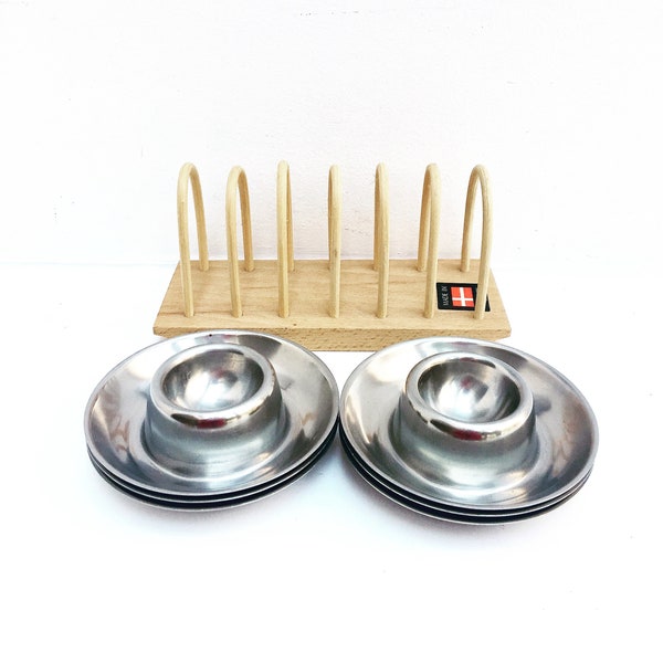 Egg cup set of 6 stainless steel 60s wooden Toast holder made in Denmark , breakfast set, vintage egg holder kitchen tools wood toast holder