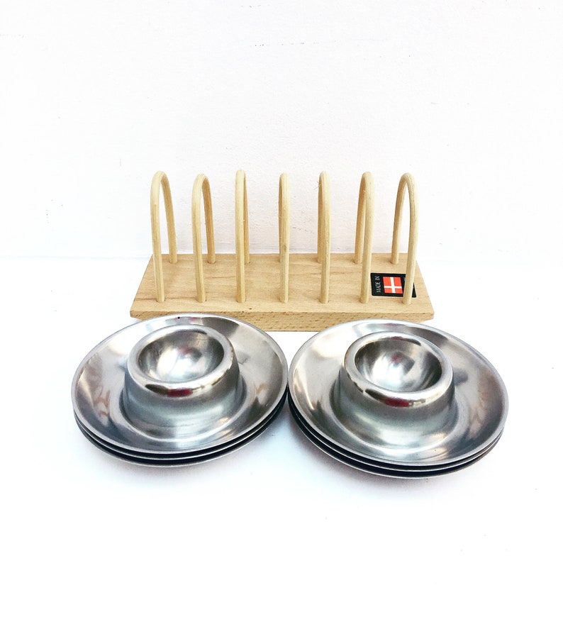 Egg cup set of 6 stainless steel 60s wooden Toast holder made in Denmark , breakfast set, vintage egg holder kitchen tools wood toast holder image 1