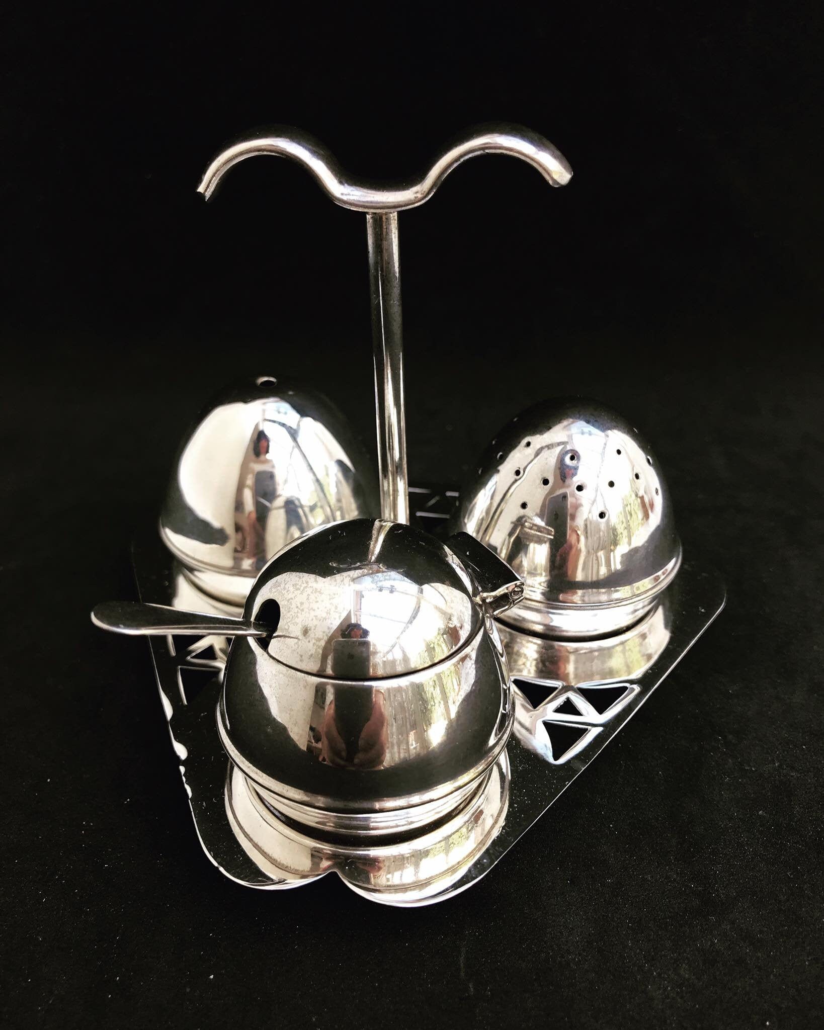 Antiques Vintage Silverplate Glass Salt Pepper Shakers Condiment Caddy Antique Gift Salt Pepper Cellars Shakers Utit Vn