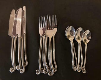 Jean Dubost Spiral Swirl   Twisted Ends  Set: French Twist Cutlery, Brutalist Decor