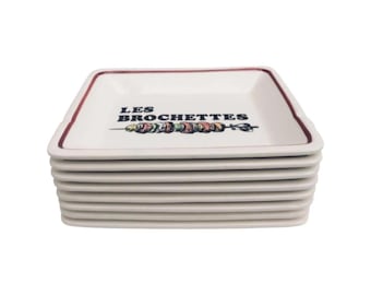 Platos de barbacoa franceses vintage GIEN: Platos con brochetas pintadas a mano, juego de 8