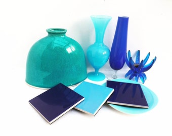 Blue Turquoise Decor Set: Mismatched Vases, Dish, Coasters