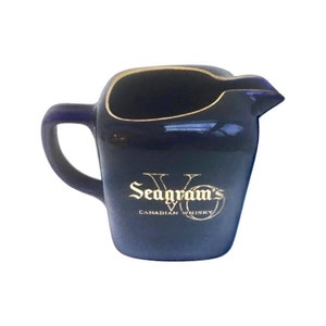 Vintage Water pitcher, Arabia Finland wine jug, water jug Vintage Seagram&#39;s VO Canadian Whisky Blue Pitcher Pub Jug gold blue ceramic