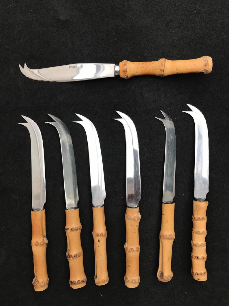 Bamboo Handle Vintage Knives Set Mid Century 1960s 7 Cheese Etsy