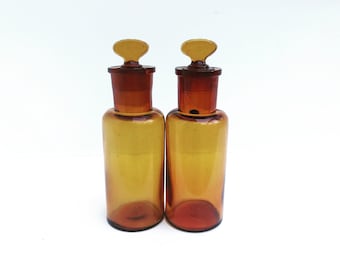 Antique Amber Glass Apothecary Bottles: Set of 2, Medical Decor