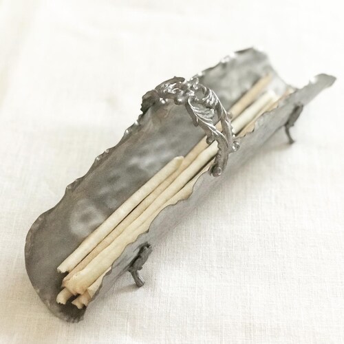 Breadstick shops holder Grissini basket Vintage 1950s pewter Mid Century Italian craft handmade table decor accessories hostess gift
