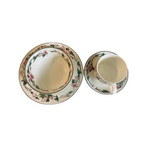 Villeroy and Boch Palermo Breakfast set 4 pieces for one set complete cup saucer plate cereal bowl Pink Morning Glory Border Brown Trim