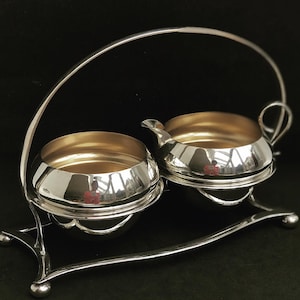 Victorian Milk Jug creamer and sugar bowl set, silver plated on holder by  George Unite Breakfast set jam bowl English tea table decor