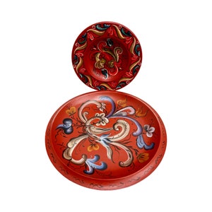 Vintage Rosemaling plates  Set 2  Norwegian Nordic Hand Painted Rosemaled Wood Box, Norway Folk Art fruit  Scandinavian Folklore Art tray