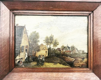 Pintura al óleo enmarcada: Escena de un pueblo rural británico, tema de conversación