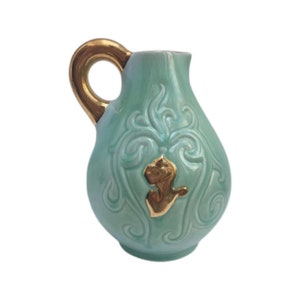 Mid Century Belgian Ceramic Pitcher: Alexandre de Wemmel, Mint Green & Gold