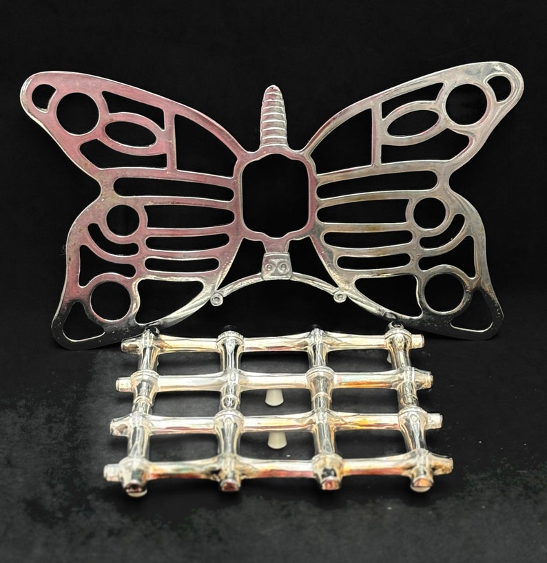 Trivet metal lot de 2 trivets vintage, 1 bamboo Tramontina 1 butterfly San Marco adjustable trivet image 1