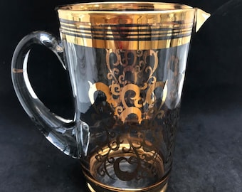 Water jug Golden Pitcher wine Orange jus Vintage Broc Mid Century Modern Clear Crystal hand cut heavy glass Wedding gift  Bar cart Decor