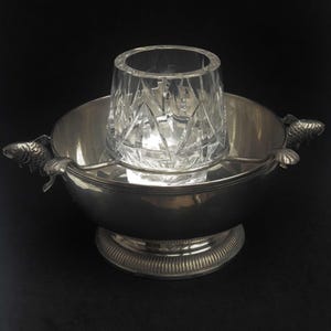 Peut inclure: Bol en argent avec des poignées en forme de poisson et un insert en verre transparent. Le bol a une base ronde et une finition lisse et polie.