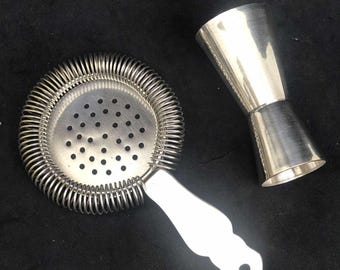 Vintage English Cocktail Strainer & Jigger: Silver Plated Bar Tools