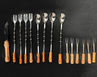 Vintage Bamboo Handle Barware Set: Stainless Steel Tiki Cocktail Cutlery