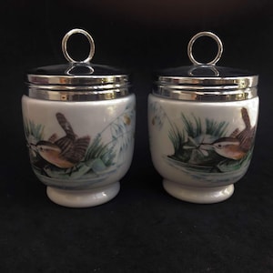 Egg Coddler Set 2 Vintage Royal Worcester Medium 2 eggs Mid Century Cottage Chic Birds  Porcelain Made in England breakfast collection