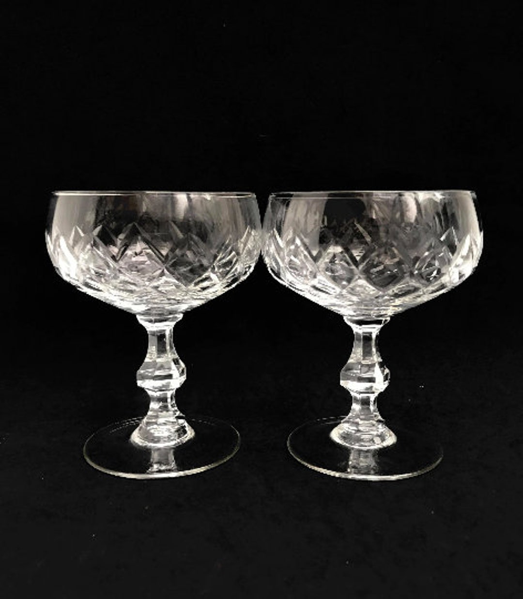 2 Vintage Champagne Coupes Glasses Crystal Cut Coupes 1920s French Set