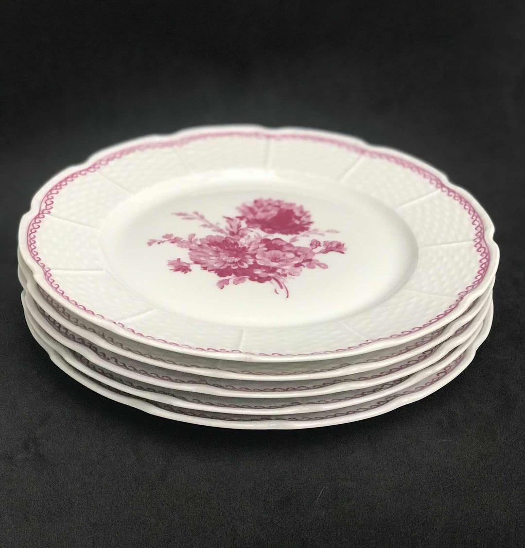 Limoges Porcelain Dessert Plates: Raynaud Fuchsia Floral Set of