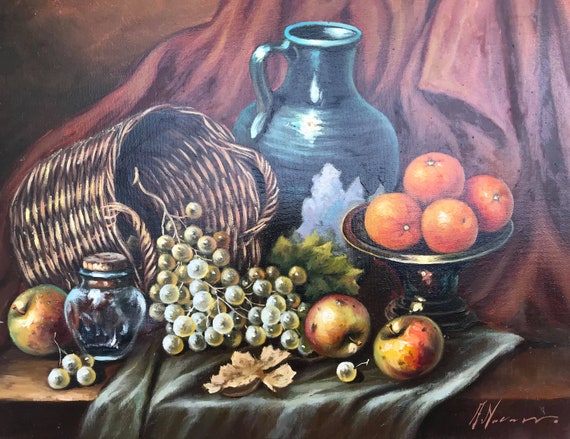 フランス アンティーク 油彩画 果物の静物画 ビンテージ アール