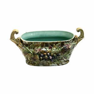 Antique jardinière barbotine planter centerpiece cache pot XIX Century Onnaing Grapes bird Vigne autumn color palette Antique gift majolica