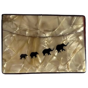 Étui Vintage étui à cigarettes celluloïd jaune décoration d'éléphants cadre fausse tortue Étui cartes de visite cadeau pour elle tobacciana